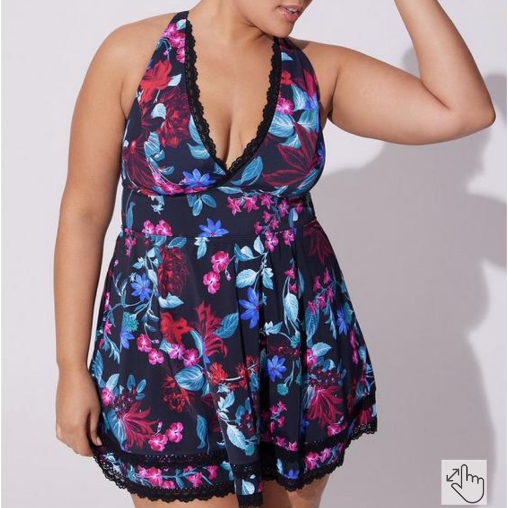 Wireless Mid Lace Trimmed Swim Dress With Brief